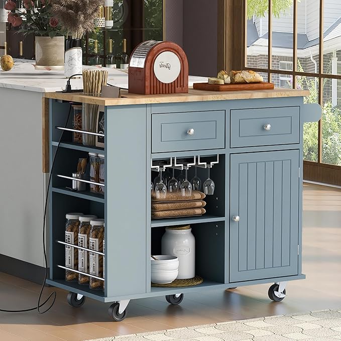 Kitchen Island with Power Outlet,Drop Leaf and Rubber Wood,Open Storage & Wine Rack,Storage Cart with 5 casters,w/Adjustable Storage for Home, Kitchen, and Dining Room, Grey Blue - LeafyLoom
