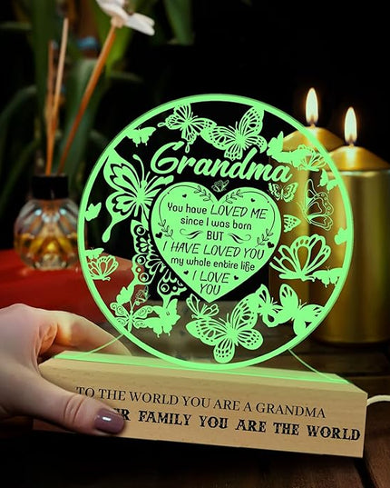 Grandma Gifts from Grandchildren, to My Grandma Night Light, Mothers Day Birthday Christmas Butterfly Gifts for Grandmother, Lamp with Wooden Base for Women, Gifts Bedroom Décor - LeafyLoom