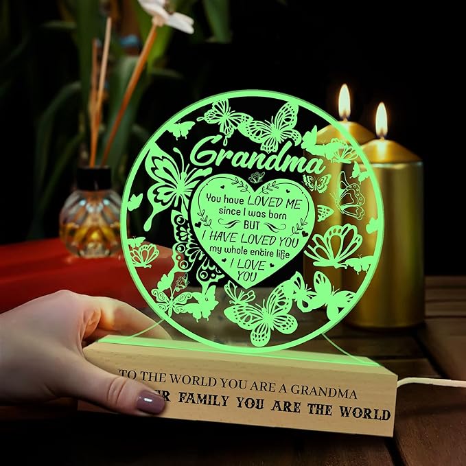 Grandma Gifts from Grandchildren, to My Grandma Night Light, Mothers Day Birthday Christmas Butterfly Gifts for Grandmother, Lamp with Wooden Base for Women, Gifts Bedroom Décor - LeafyLoom