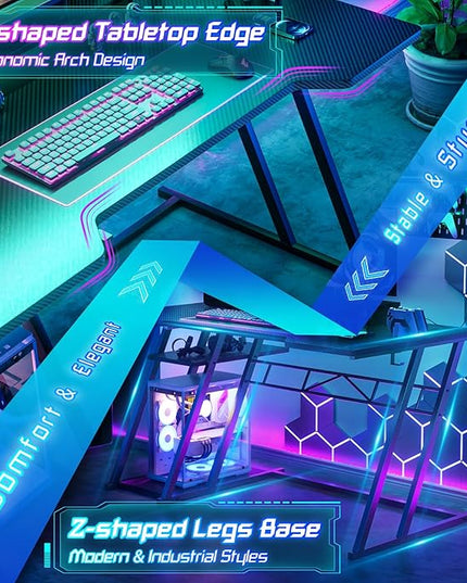 Gaming Computer Desk with Hutch and LED Lights, 55'' Black Gaming Desk with Storage Shelves, Reversible PC Gaming Desk with Pegboard, Ergonomic Desk for Bedroom, Carbon Fiber Surface - LeafyLoom
