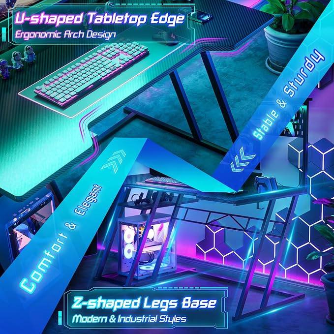 Gaming Computer Desk with Hutch and LED Lights, 55'' Black Gaming Desk with Storage Shelves, Reversible PC Gaming Desk with Pegboard, Ergonomic Desk for Bedroom, Carbon Fiber Surface - LeafyLoom