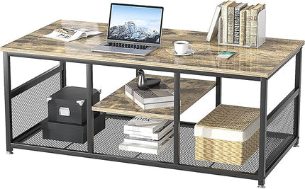 VECELO Coffee Center Table with Storage for Living Room Office Reception, Modern & Industrial Mesh Shelf, 39.4 Inch, Grey - LeafyLoom