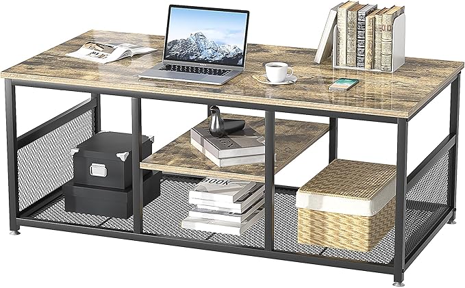VECELO Coffee Center Table with Storage for Living Room Office Reception, Modern & Industrial Mesh Shelf, 39.4 Inch, Grey - LeafyLoom