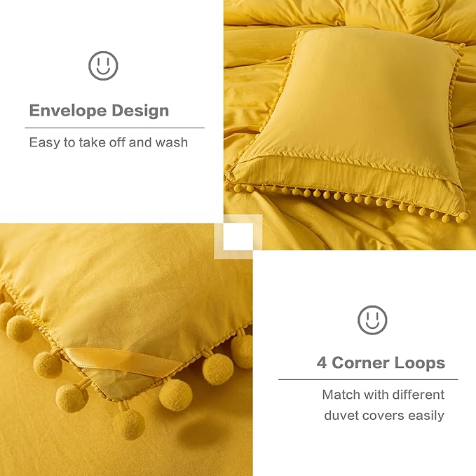 Litanika King Size Comforter Set Mustard Yellow,3 Pieces Mustard Yellow Boho Pom Pom Lightweight Bed Comforter, All Season Soft Bedding Comforter Sets (1 Comforter 104x90 Inch, 2 Pillowcases) - LeafyLoom