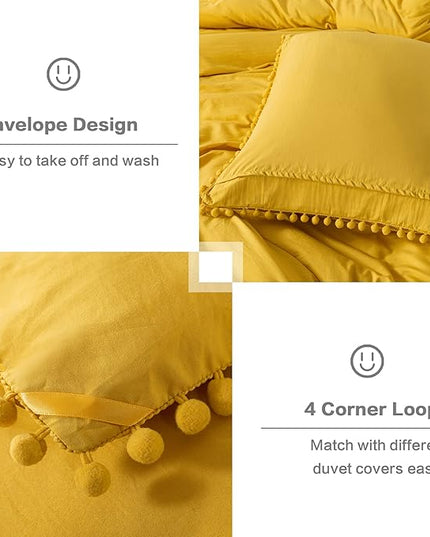 Litanika Comforter Full Size Set Mustard Yellow,3 Pieces Mustard Yellow Boho Pom Pom Lightweight Bed Comforter Full,All Season Soft Bedding Comforter Sets (1 Comforter 79x90 Inch, 2 Pillowcases) - LeafyLoom