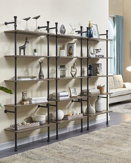 5 Tier Shelf, Wall Mounted Bookshelf, Industrial Bookcase, Open Display Shelves Tall Modern Book Case Standing Leaning Wall Shelves for Living Room Bedroom Home Office Kitchen, Oak Gray - LeafyLoom