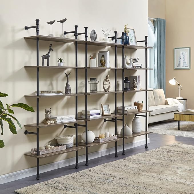 5 Tier Shelf, Wall Mounted Bookshelf, Industrial Bookcase, Open Display Shelves Tall Modern Book Case Standing Leaning Wall Shelves for Living Room Bedroom Home Office Kitchen, Oak Gray - LeafyLoom