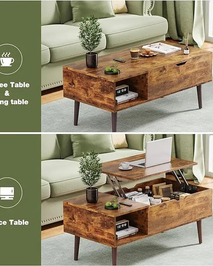 OLIXIS Modern Lift Top Coffee Table Wooden Furniture with Storage Shelf and Hidden Compartment for Living Room Office, Rust Brown - LeafyLoom