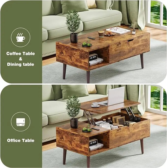 OLIXIS Modern Lift Top Coffee Table Wooden Furniture with Storage Shelf and Hidden Compartment for Living Room Office, Rust Brown - LeafyLoom