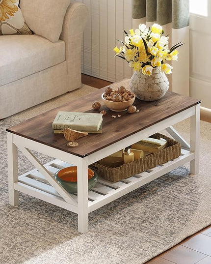 Farmhouse Coffee Table with 2-Tier Shelves - Rectangular Coffee Table with Storage for Living Room, Wood Coffee Table with Sturdy Frame, Brown - LeafyLoom