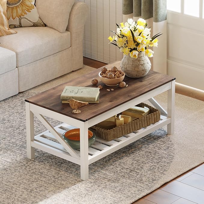 Farmhouse Coffee Table with 2-Tier Shelves - Rectangular Coffee Table with Storage for Living Room, Wood Coffee Table with Sturdy Frame, Brown - LeafyLoom