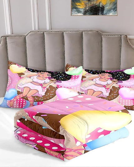 African American Girl Comforter Set Black Girl Comforter Set Princess Bedding with Donut Girl Prints Kids Comforter Sets Gifts for Girls Bedroom Decor Pink Full Size Quilt Sets with 2 Pillowcases - LeafyLoom