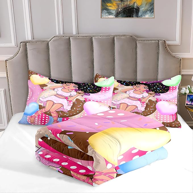 African American Girl Comforter Set Black Girl Comforter Set Princess Bedding with Donut Girl Prints Kids Comforter Sets Gifts for Girls Bedroom Decor Pink Full Size Quilt Sets with 2 Pillowcases - LeafyLoom