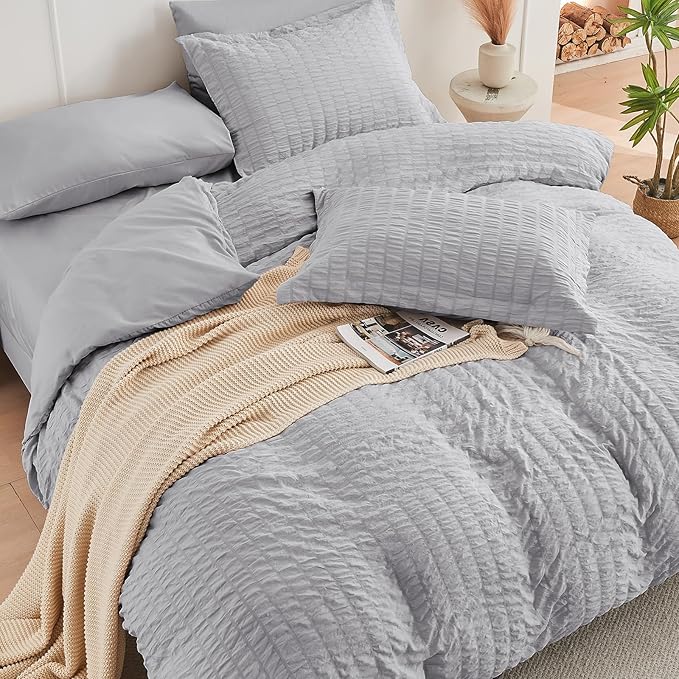 HYMOKEGE Seersucker Comforter Set Full Size 3 Pieces, Lightweight Comforter Sets for Bedding, Bed Set with 1 All Season Soft Down Alternative Comforter and 2 Pillow Shams, Light Grey - LeafyLoom