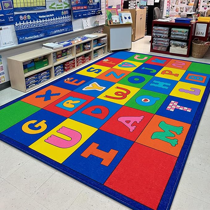 LIVEBOX ABC Rug Kids Rug for Classroom, Washable Classroom Carpet for School, Nursery, Colorful Children's Classroom Area Rugs Non-Slip Alphabet Mat for Home Learning,13'x7'5"(Seats-24) - LeafyLoom