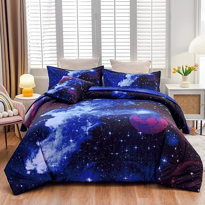 A Nice Night Galaxy 6Pcs Bedding Sets Outer Space Comforter Bed in a Bag 3D Printed Quilt,for Children Boy Girl Teen Kids,Queen 6Pcs - LeafyLoom