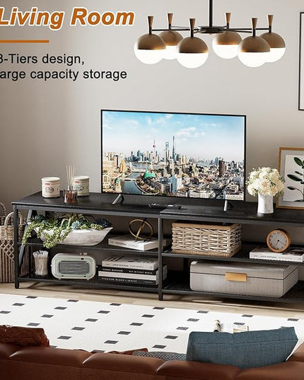 TV Stand for TV up to 75 Inch, Long 70" TV Cabinet with 3-Tier Storage Shelves,Entertainment Center TV Console Table for Living Room with Industrial TV Metal Frame, Black Oak - LeafyLoom