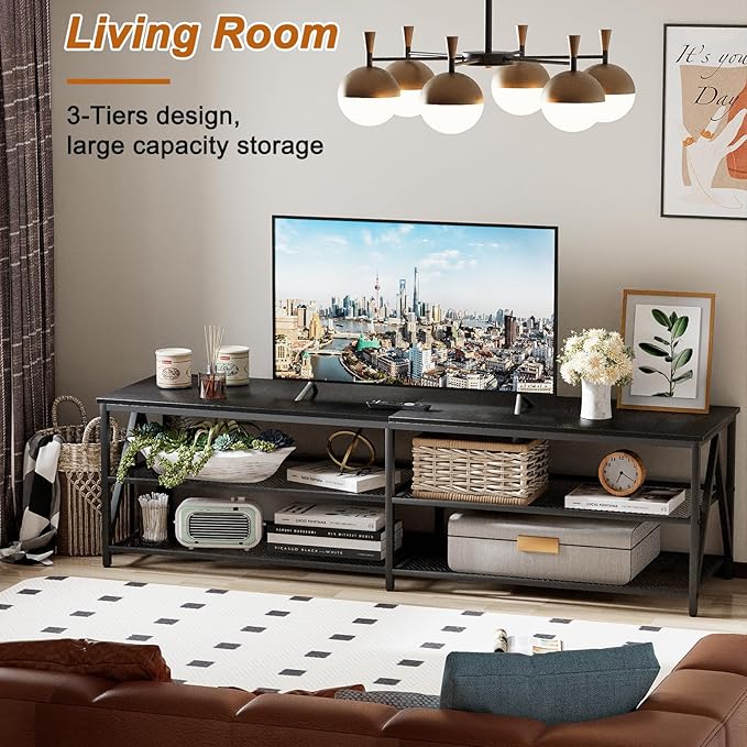 TV Stand for TV up to 75 Inch, Long 70" TV Cabinet with 3-Tier Storage Shelves,Entertainment Center TV Console Table for Living Room with Industrial TV Metal Frame, Black Oak - LeafyLoom
