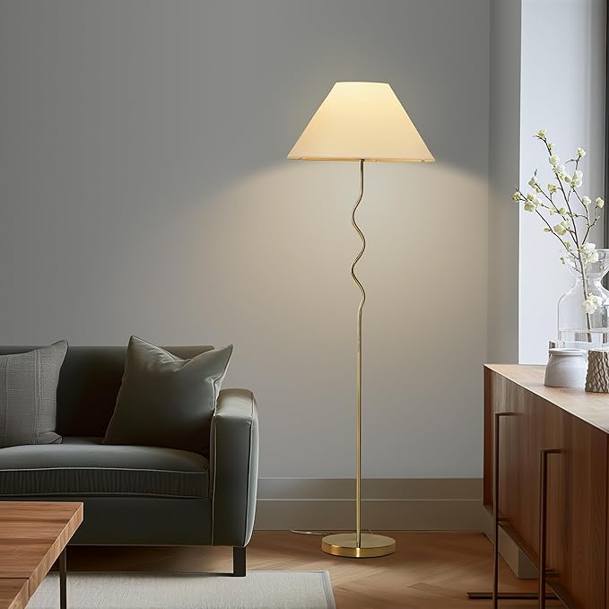 Brightech Squiggle Standing Floor Lamp – Tall Modern Corner Lamp with LED Light Bulb for Bedroom, Living Room, Office – Boho Mid Century Modern Zig Zag Pole Lamp with A-Line Open Shade – Gold/Brass - LeafyLoom