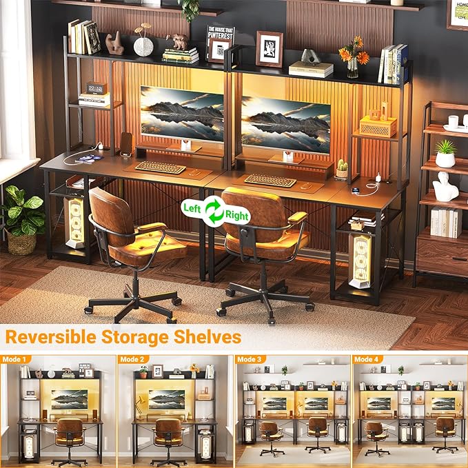 Cyclysio Gaming Desk with Hutch, 39'' Computer Desk with LED Lights & Power Outlets, Home Office Desk with Reversible 5 Tiers Storage Shelves & Monitor Stand, Small Gaming Table for Small Space, Black - LeafyLoom