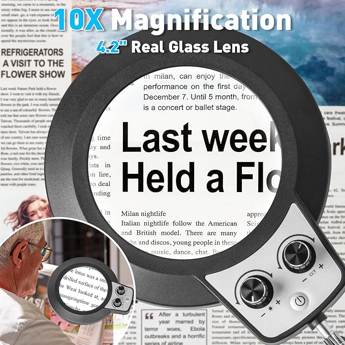 10X Magnifying Glass with Light, KIRKAS Any Color Modes & Stepless Dimming LED Magnifying Lamp with Clamp, Hands Free Lighted Magnifier Glass Lens for Crafts Hobby Reading Painting Close Work - LeafyLoom