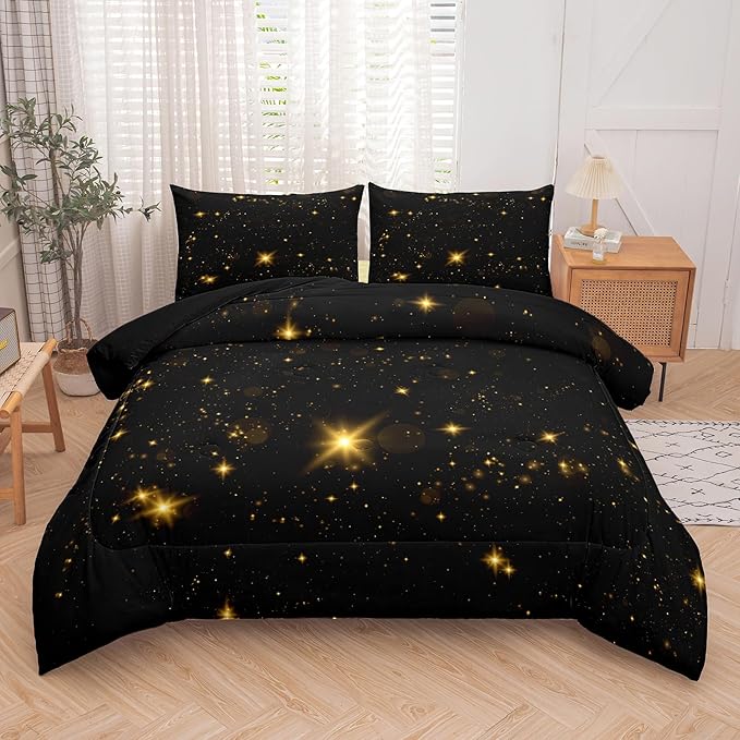 Tailor Shop Glitter Comforter Sets Queen Size Black and Glod Comforter Sets for Kids Boys Teens Star Glitter Bedding Sets Twinkle Starlight Comforter Sets with 1 Comforter 1 Pillowcases - LeafyLoom