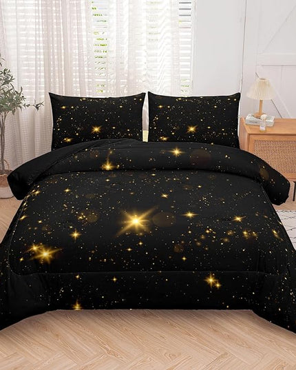 Tailor Shop Glitter Bedding Sets Full Size Black and Glod Comforter Sets for Kids Boys Teens Star Glitter Comforter Sets Twinkle Starlight Comforter Sets with 1 Comforter 1 Pillowcases - LeafyLoom