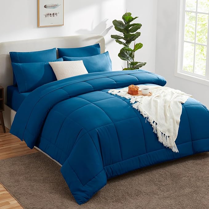 CozyLux Queen Size Comforter Set - 7 Pieces Bed in a Bag Set Teal, Bedding Sets Queen with All Season Quilted Comforter, Flat Sheet, Fitted Sheet, Pillowcases, Teal, Queen - LeafyLoom