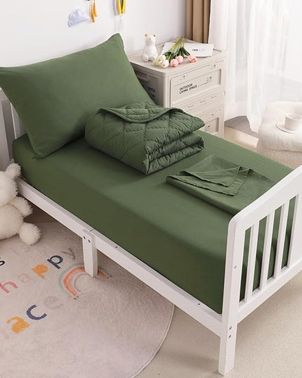 NTBAY Toddler Bedding Set - 4 Piece Soft and Breathable Crib Bedding Set for Boys and Girls, Includes Quilted Comforter, Fitted Sheet, Flat Top Sheet and Envelope Pillowcase, Olive Green - LeafyLoom