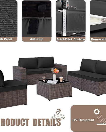 Patio Furniture Set Sofa 6-Pieces Wicker Sectional Sofa Set, Outdoor Furniture Rattan Patio Conversation Set with Thickened Cushion and Glass Coffee Table, Black - LeafyLoom