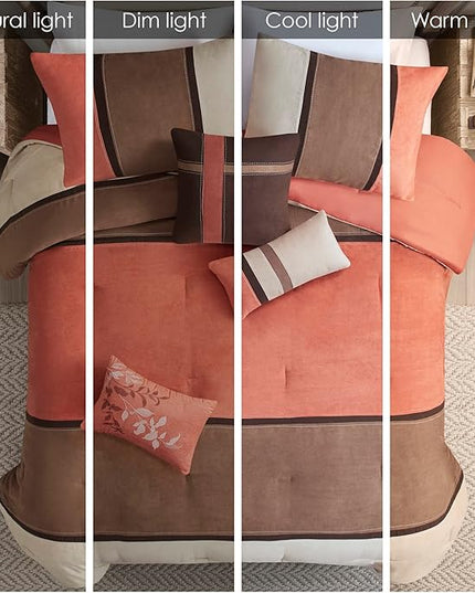 Madison Park Palisades Comforter Set Modern Faux Suede Pieced Stripe Design, All Season Down Alternative Cozy Bedding with Matching Shams, Decorative Pillows, Cal King(104"x92"), Coral 7 Piece - LeafyLoom