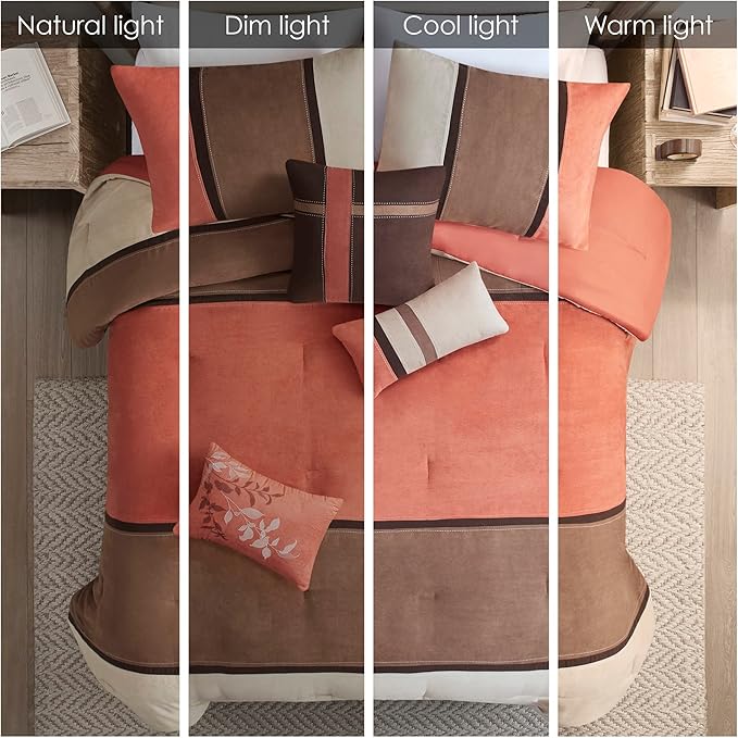 Madison Park Palisades Comforter Set Modern Faux Suede Pieced Stripe Design, All Season Down Alternative Cozy Bedding with Matching Shams, Decorative Pillows, Cal King(104"x92"), Coral 7 Piece - LeafyLoom