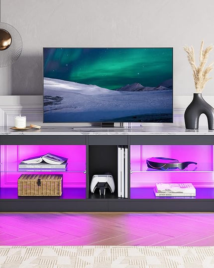 Bestier White Marble TV Stand LED Entertainment Center Gaming TV Stand for 55 Inch TV RGB Television Stand with 2 Adjustable Glass Shelves PS4 Game Console Cabinet for Living Room - LeafyLoom