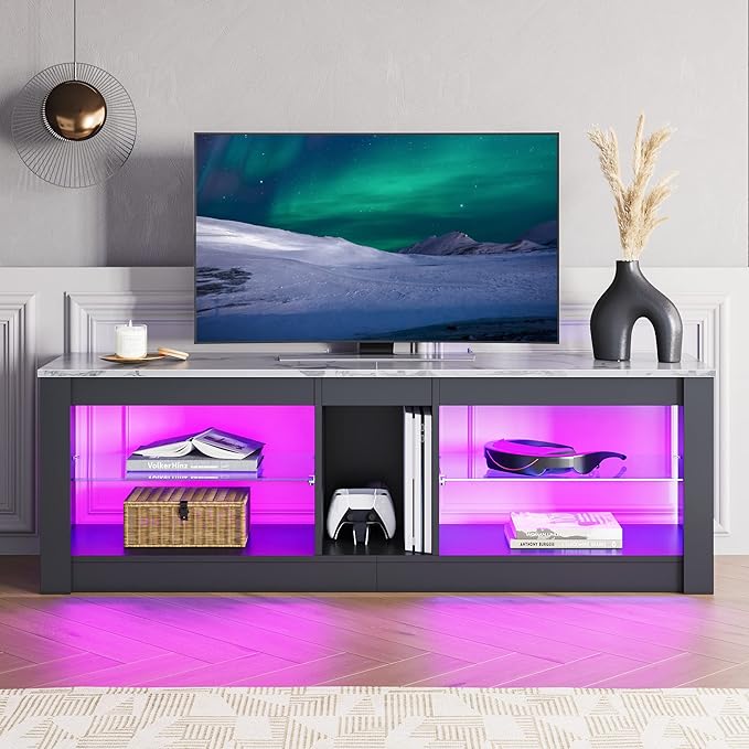 Bestier White Marble TV Stand LED Entertainment Center Gaming TV Stand for 55 Inch TV RGB Television Stand with 2 Adjustable Glass Shelves PS4 Game Console Cabinet for Living Room - LeafyLoom