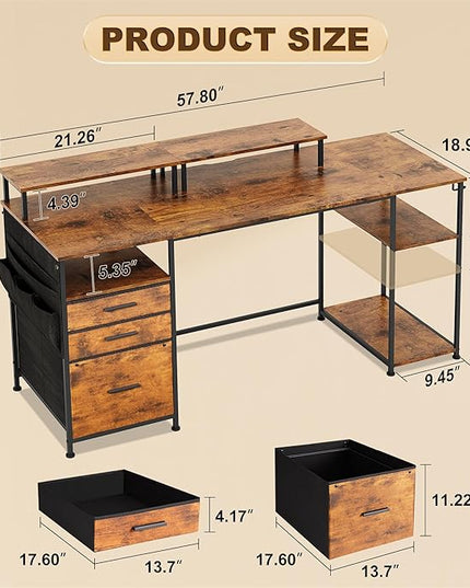 Computer Desk with 3 File Cabinet Drawers, 57.8'' Reversible Gaming Desk, Office Desk with Storage Shelves and Dual Monitor Stand for Home & Office (Rustic Brown) - LeafyLoom