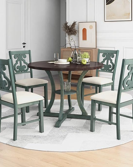 5-Piece Round Dining Table and 4 Chairs Set with Storage Shelf, Special-Shaped Legs and an Exquisitely Designed Hollow Back for Kitchen Living Room, Antique Blue+Dark Brown - LeafyLoom