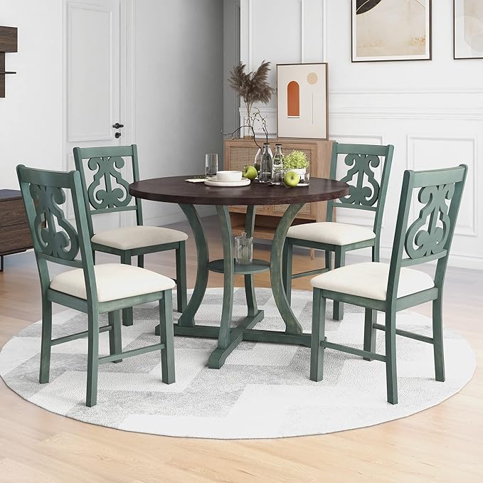 5-Piece Round Dining Table and 4 Chairs Set with Storage Shelf, Special-Shaped Legs and an Exquisitely Designed Hollow Back for Kitchen Living Room, Antique Blue+Dark Brown - LeafyLoom