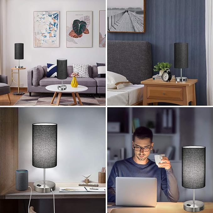 Black Touch Control Table Lamp Set of 2, with 2 USB Charging Ports&AC Outlet, 3-Way Dimmable Bedside Nightstand Lamps with Fabric Lampshade for Reading, Bedroom, Living Room, A19 LED Bulbs Included - LeafyLoom