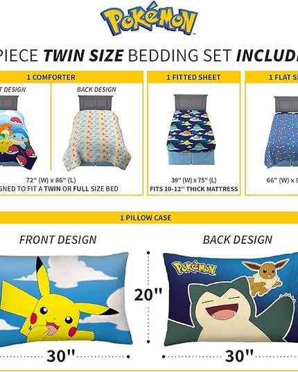 Franco Kids Bedding Super Soft Comforter and Sheet Set, 4 Piece Twin Size, Pokemon (Prints May vary) - LeafyLoom