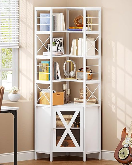 YITAHOME Corner Bookshelf with Storage, 7-Tier Corner Shelf with Doors, Large Corner Bookcase Display Rack for Living Room Bedroom Home Office, White - LeafyLoom