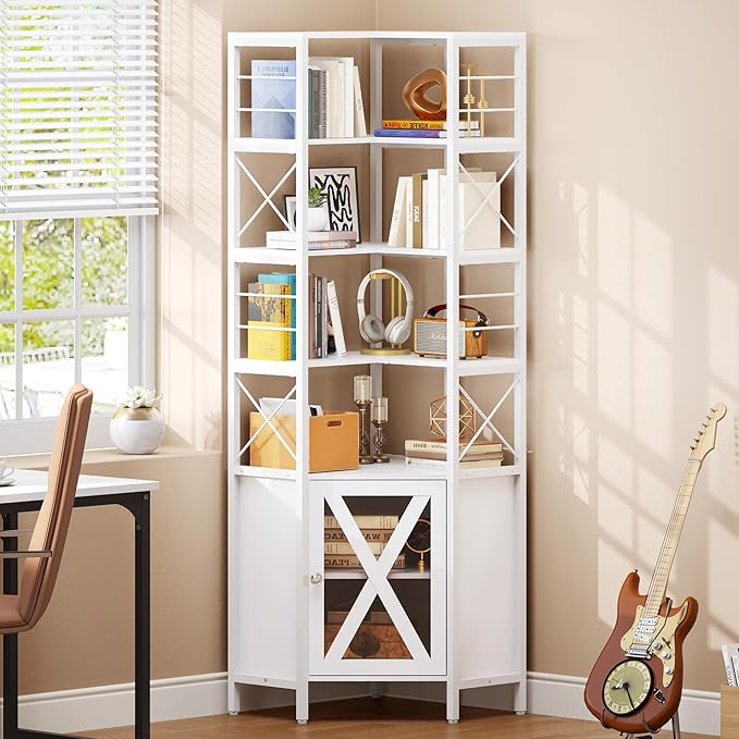 YITAHOME Corner Bookshelf with Storage, 7-Tier Corner Shelf with Doors, Large Corner Bookcase Display Rack for Living Room Bedroom Home Office, White - LeafyLoom