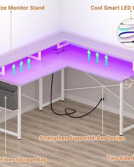 armocity L Shaped Computer Desk with Power Outlets, Gaming LED Lights, Corner Storage Shelves, Work Study for Bedroom, Home Office Small Spaces, 47'', Carbon Fiber Purple - LeafyLoom