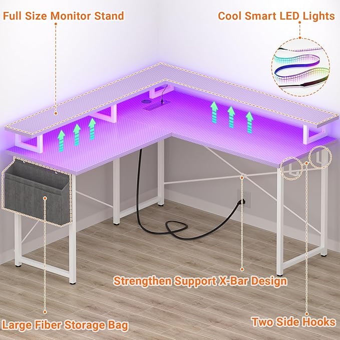 armocity L Shaped Computer Desk with Power Outlets, Gaming LED Lights, Corner Storage Shelves, Work Study for Bedroom, Home Office Small Spaces, 47'', Carbon Fiber Purple - LeafyLoom