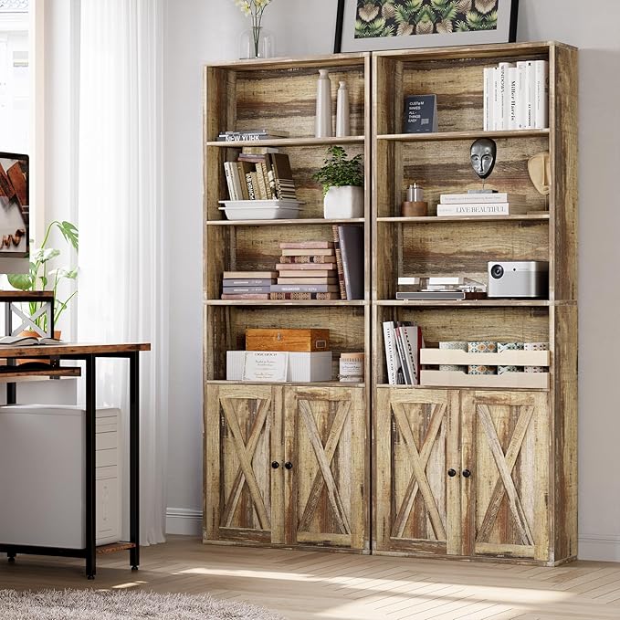 IRONCK Industrial Bookshelves and Bookcases with Doors Set of 2 Floor Standing 6 Shelf Display Storage Shelves 70 in Tall Bookcase for Home Office, Living Room - LeafyLoom