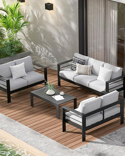 Wisteria Lane Aluminum Outdoor Patio Furniture Set, Modern Patio Conversation Sets, Outdoor Sectional Metal Sofa with 5 Inch Cushion and Coffee Table for Balcony, Garden, Black Frame & Gray Cushion - LeafyLoom