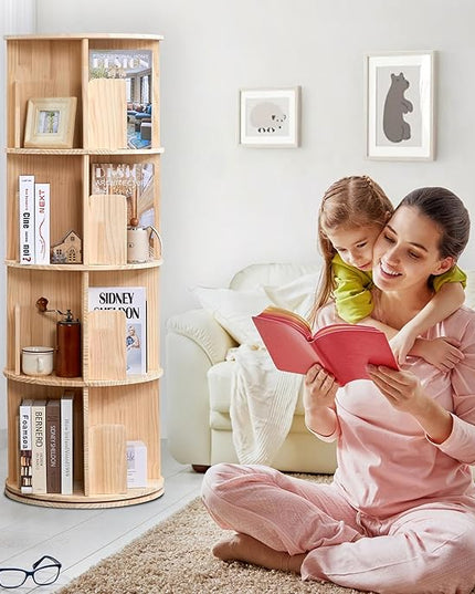4 Tier Rotating Bookshelf 360 Display, Spinning Bookshelf Tower for Kids, Side Table, Floor Standing Bookcase Dtorage Rack, Circular Bookshelf Rotating for Living Room Study Room Office - LeafyLoom