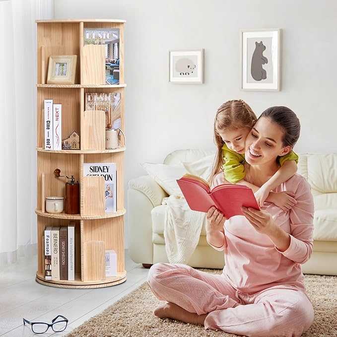 4 Tier Rotating Bookshelf 360 Display, Spinning Bookshelf Tower for Kids, Side Table, Floor Standing Bookcase Dtorage Rack, Circular Bookshelf Rotating for Living Room Study Room Office - LeafyLoom