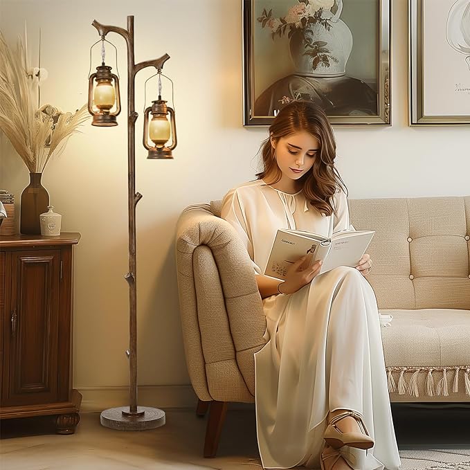 68" Rustic Farmhouse Tree Trunk Floor Lamp Country Brown Finish Wood Vintage Standing Tall Lamp with lantern Stepless Dimmable Industrial floor Lamp Decor for Bedroom Living Room Office Hotel - LeafyLoom