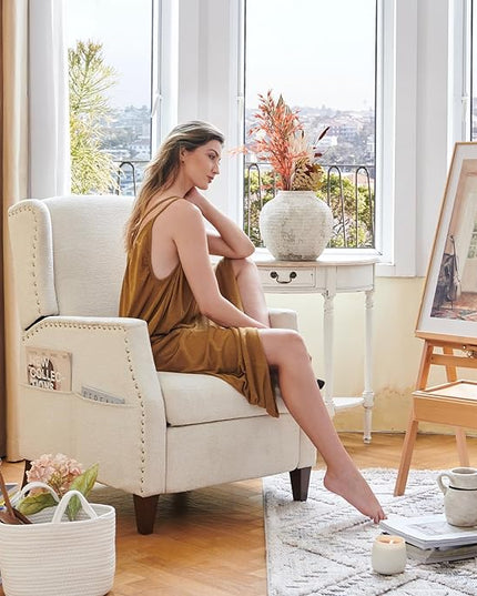 COLAMY Wingback Pushback Recliner Chair with Storage Pocket, Upholstered Fabric Living Room Chair Armchair with Wood Legs and Nailhead Trim, Beige - LeafyLoom