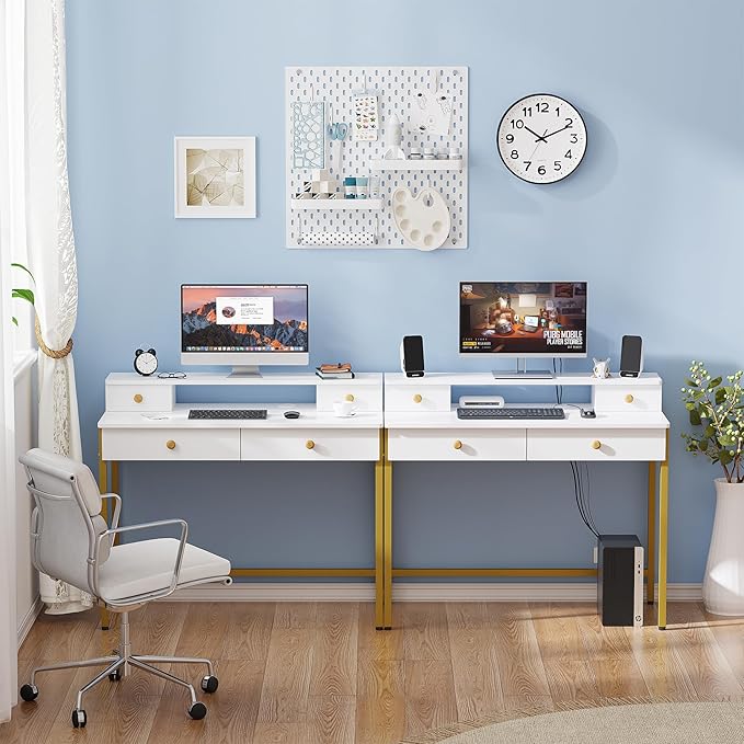 Elephance Small Computer Desk with Monitor Stand 39.37" Home Office Desk with 4 Drawers Study Writing Desk Gaming Table for Small Space - LeafyLoom